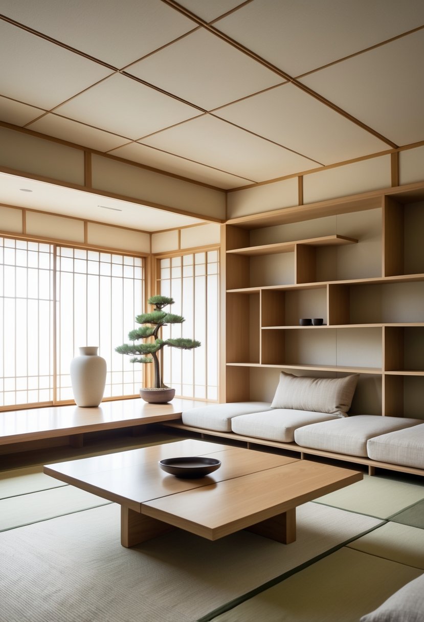 Japanese Living Room Design: 22 Inspiring Ideas for a Calm and Modern Space 26 A bright living room with a low wooden table, modular seating, and natural light coming through large windows.