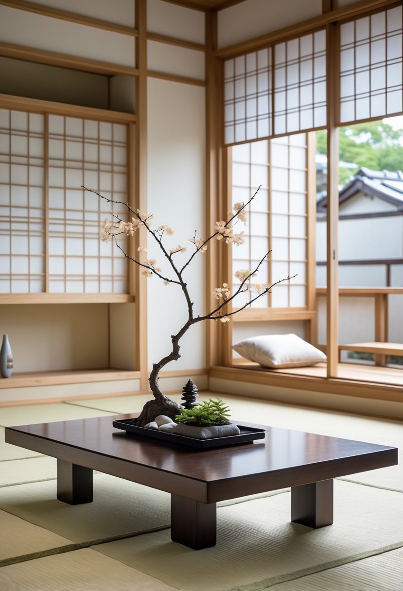 Japanese Living Room Design: 22 Inspiring Ideas for a Calm and Modern Space 27 A bright Japanese living room with a low wooden table holding a simple flower arrangement and natural light coming through paper screens.