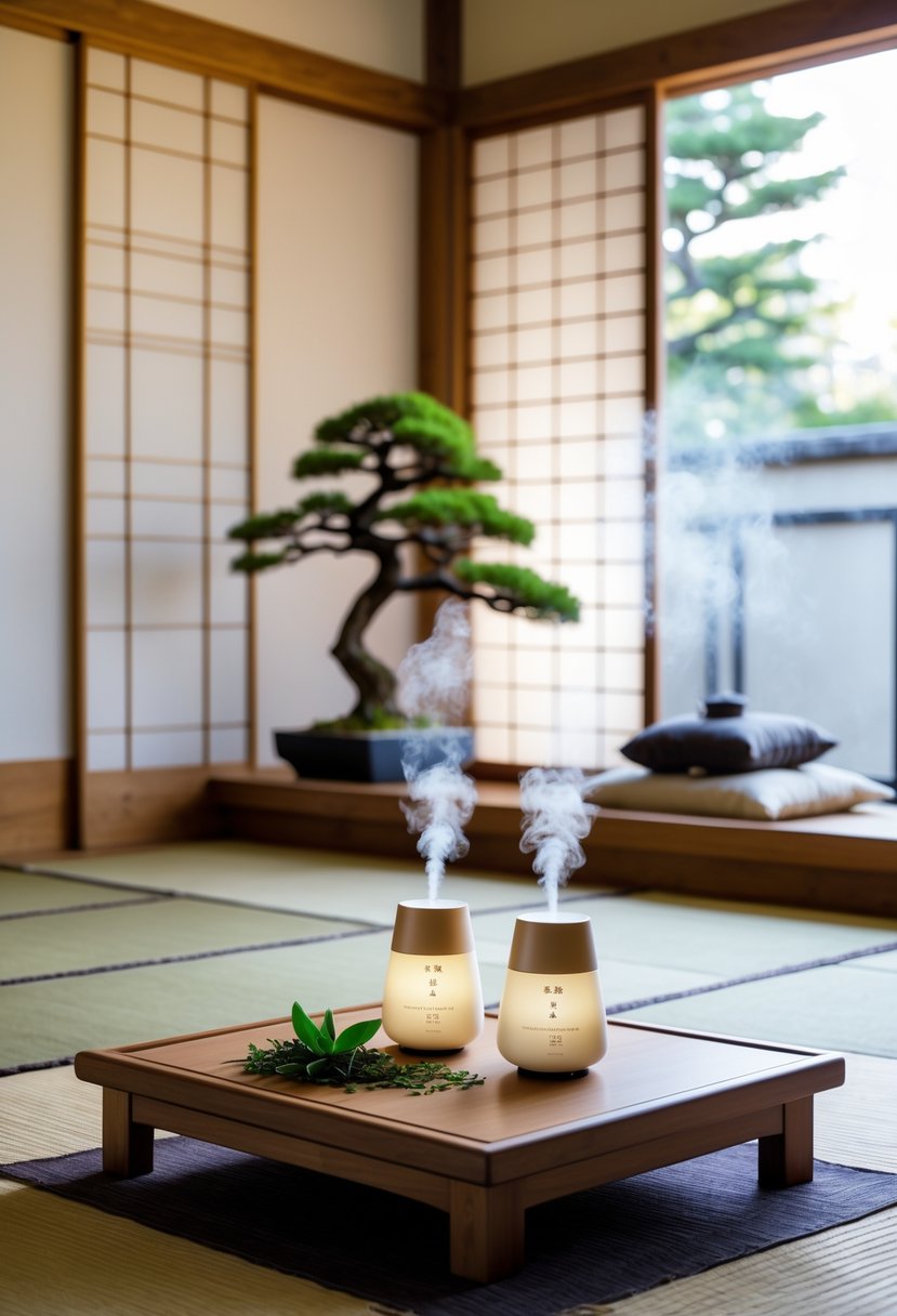 Japanese Living Room Design: 22 Inspiring Ideas for a Calm and Modern Space 28 A calm Japanese living room with wooden furniture, fragrance diffusers on a low table, and natural light coming through paper screens.