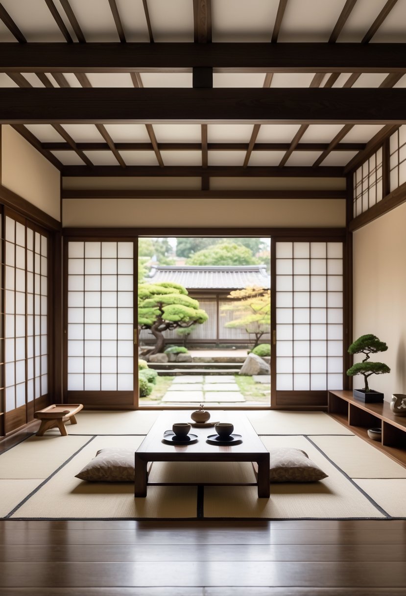 Japanese Living Room Design: 22 Inspiring Ideas for a Calm and Modern Space 29 A peaceful living room with wooden furniture, tatami mats, sliding doors, and a small bonsai tree, bathed in soft natural light.