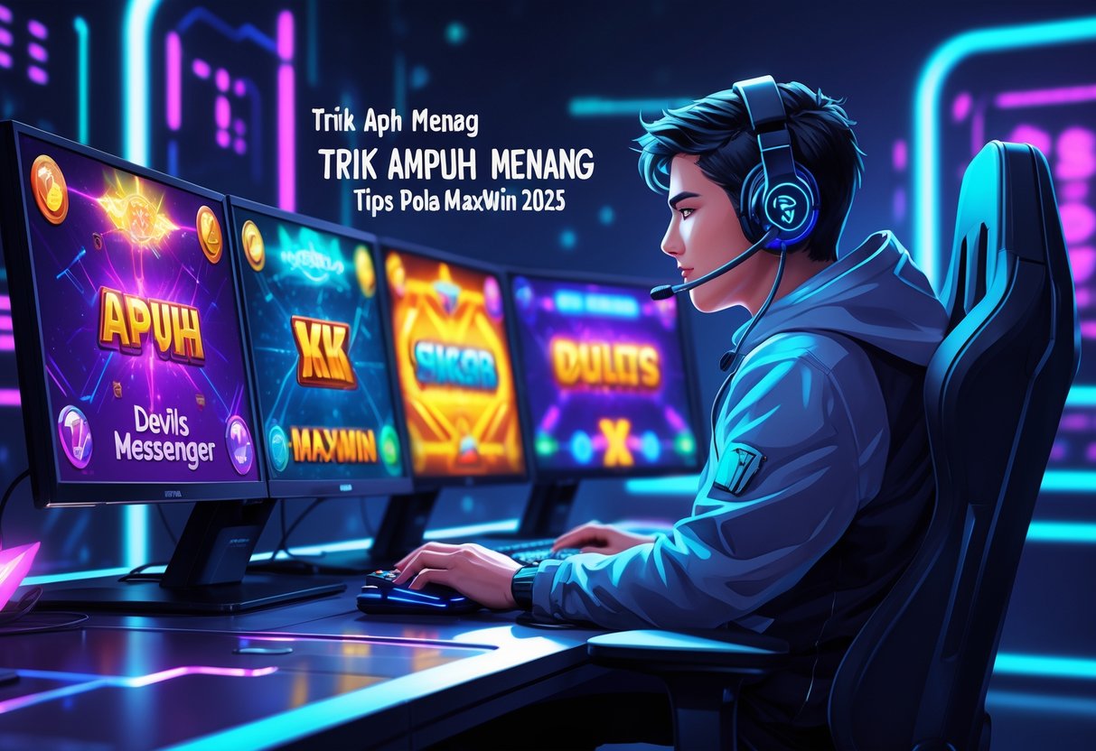 Seorang pemain game sedang fokus di depan komputer dengan layar yang menampilkan grafik mesin slot bertema Devils Messenger, suasana penuh lampu neon dan elemen digital futuristik.