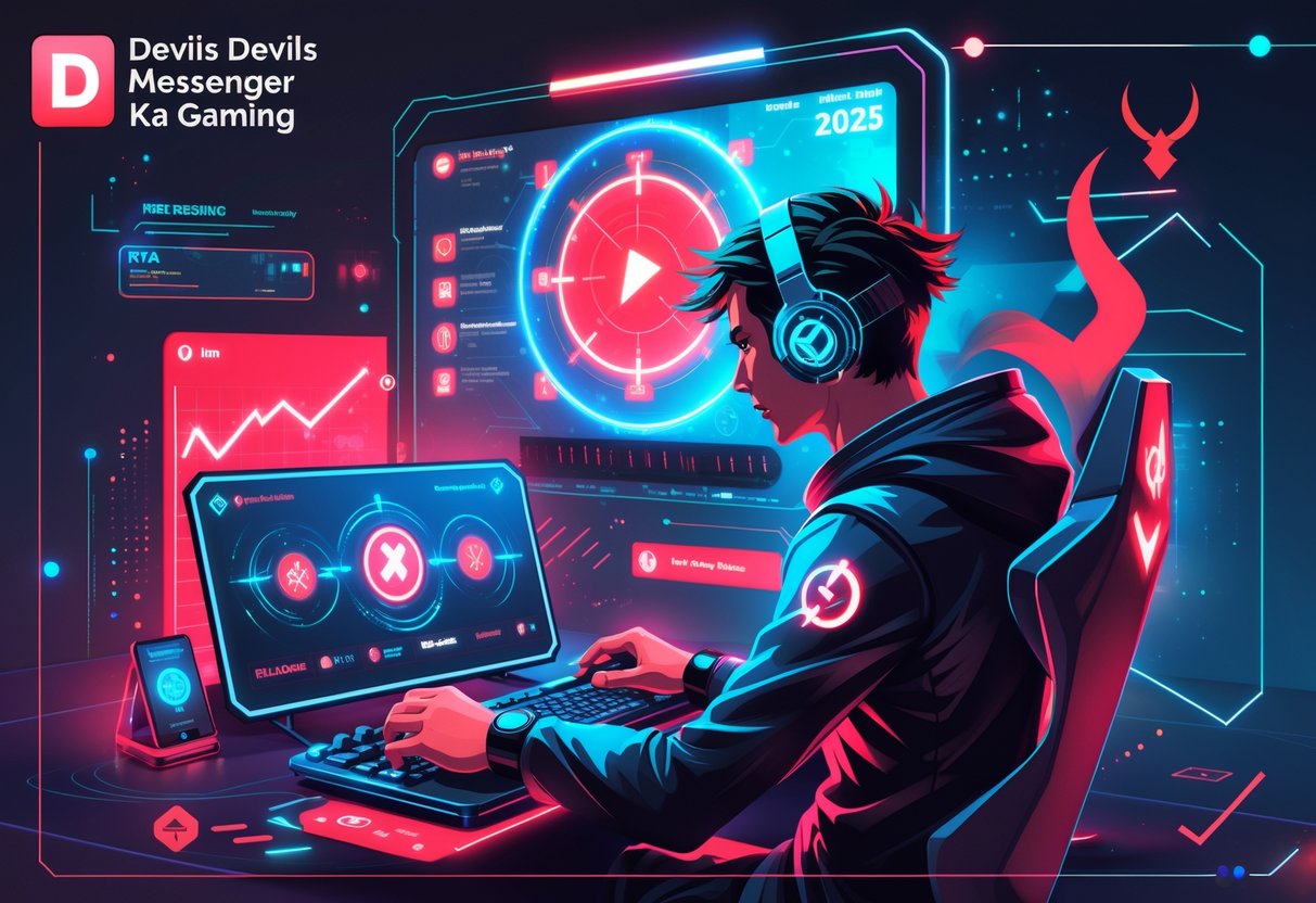 Seorang pemain game sedang berinteraksi dengan layar holografik yang menampilkan pola kemenangan dan simbol setan di latar belakang.