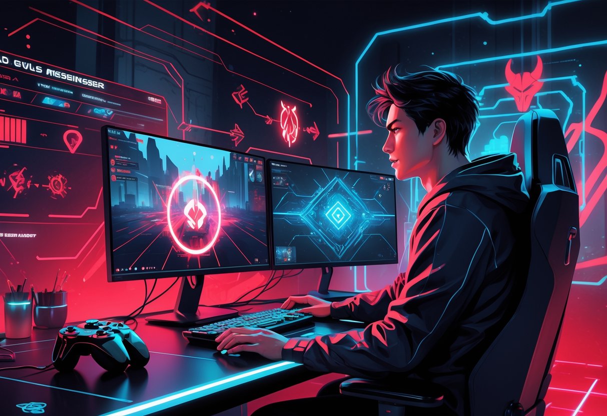 Seorang pemain game fokus di depan komputer dengan layar menampilkan pola dan teknik permainan yang bersinar di sekitar, menunjukkan suasana kemenangan dan strategi dalam permainan.