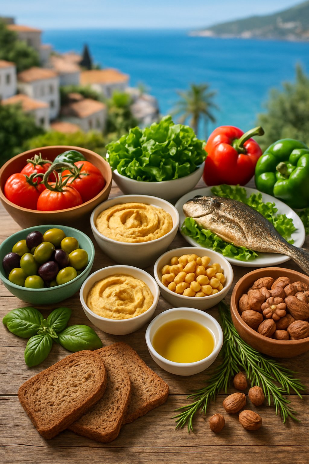 A table displaying fresh vegetables, olives, grilled fish, nuts, bread, and olive oil representing Mediterranean diet foods.