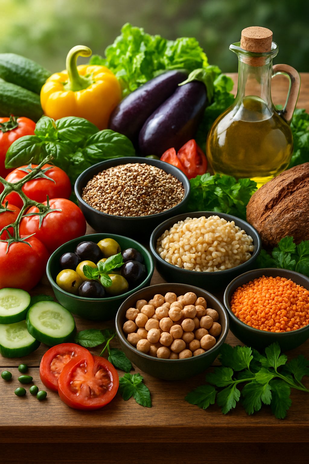 A table filled with fresh Mediterranean plant-based foods including vegetables, olives, legumes, herbs, olive oil, and whole grain bread.