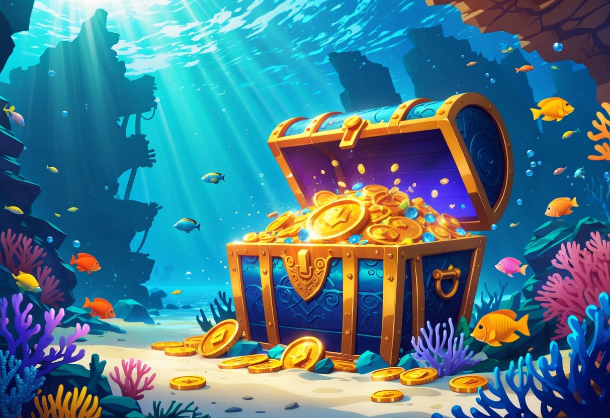 Pemandangan bawah laut dengan peti harta karun yang bersinar dikelilingi oleh ikan warna-warni, terumbu karang, dan reruntuhan kapal karam.
