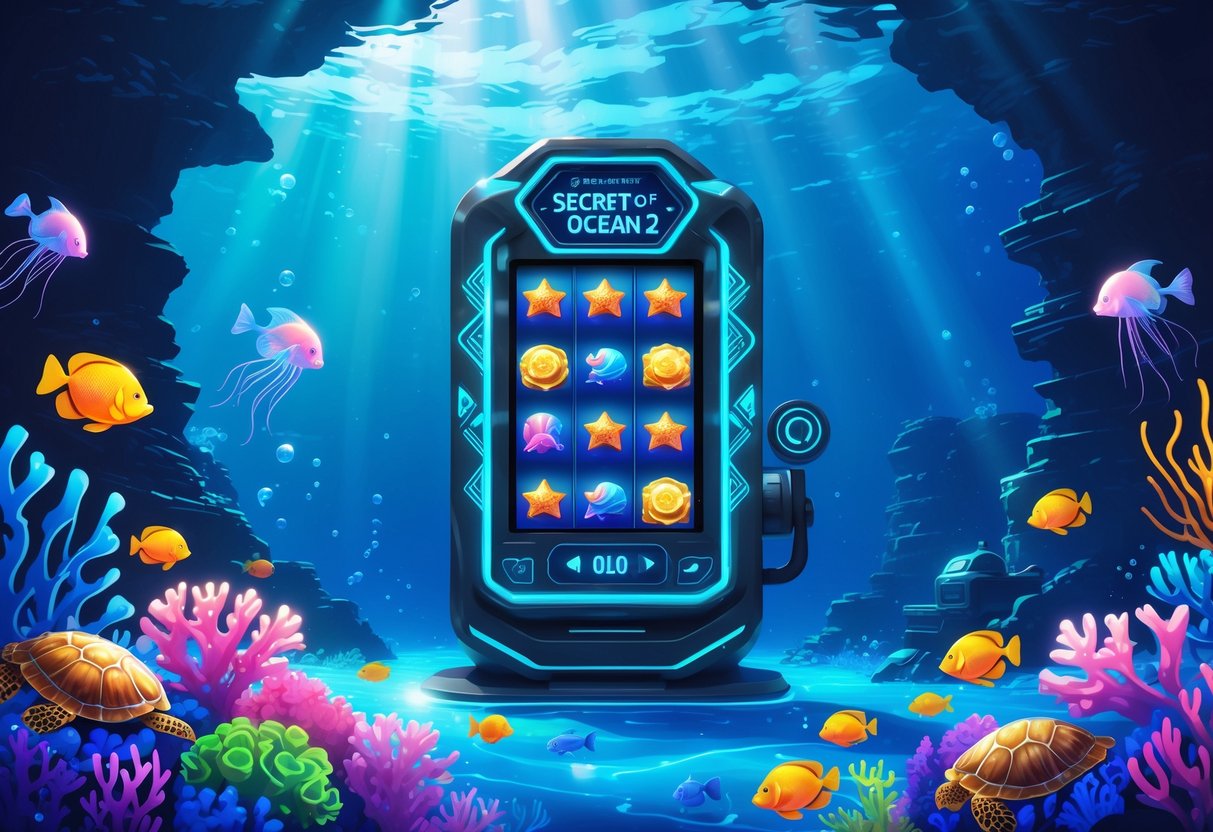 Pemandangan bawah laut dengan terumbu karang berwarna-warni, ikan tropis, dan mesin slot futuristik yang menyatu dengan lingkungan laut, dengan latar reruntuhan bawah laut dan peti harta karun.