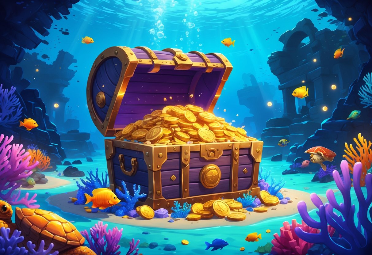 Pemandangan bawah laut dengan peti harta karun berisi koin emas dan permata, terumbu karang berwarna-warni, ikan tropis, dan reruntuhan kapal tua di latar belakang.