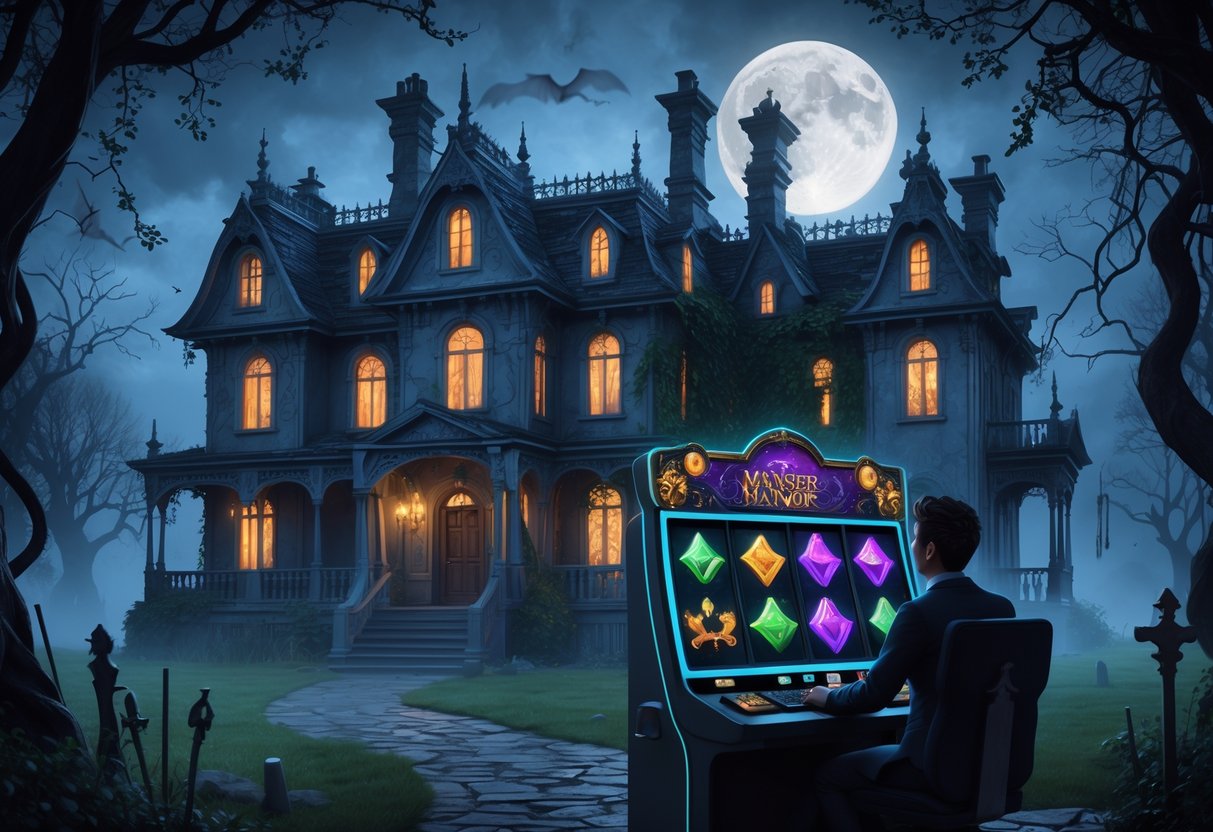 Seorang pemain sedang bermain mesin slot dengan latar sebuah rumah berhantu yang gelap dan misterius di waktu senja.