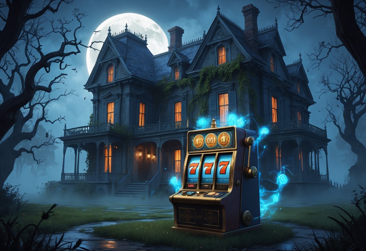 Sebuah rumah besar berhantu dengan mesin slot kuno di depan, dikelilingi pohon-pohon tanpa daun dan kabut di malam hari.