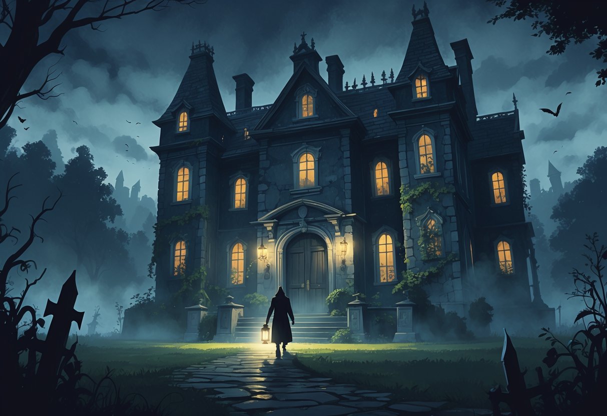 Sebuah manor berhantu yang misterius dengan sosok bayangan memegang lentera mendekati pintu utama di tengah kabut dan langit senja.