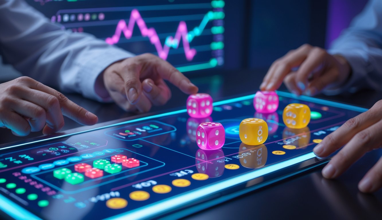 Antarmuka digital modern dengan dadu berwarna-warni dan grafik taruhan langsung, menunjukkan platform judi Sicbo dengan fitur taruhan waktu nyata.