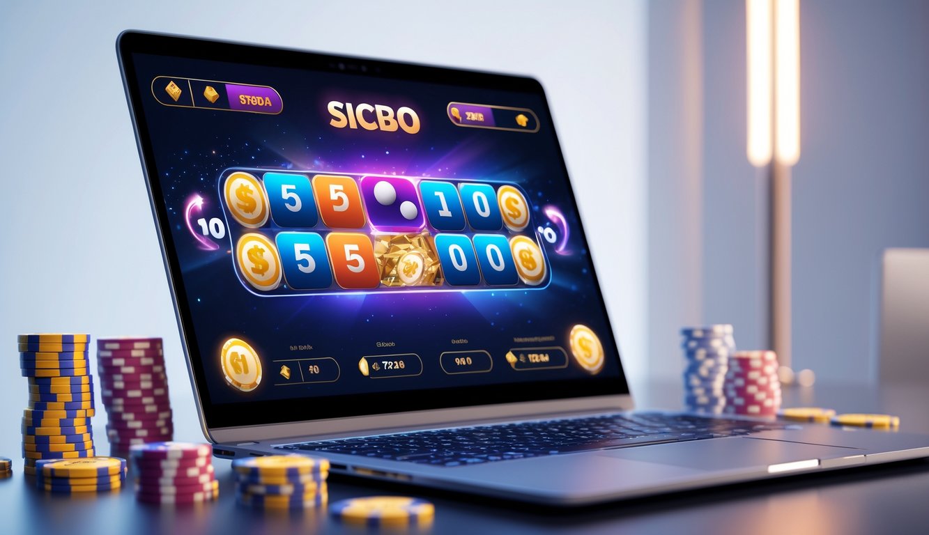 Sebuah laptop menampilkan permainan Sicbo online dengan dadu di layar, dikelilingi oleh chip dan simbol taruhan digital.