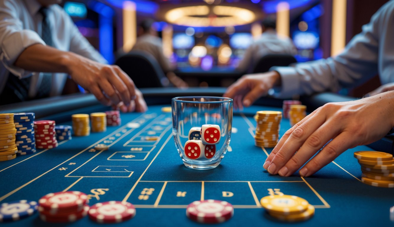 Meja permainan Judi Sic Bo dengan dadu dan chip taruhan serta tangan pemain yang sedang bermain di kasino.