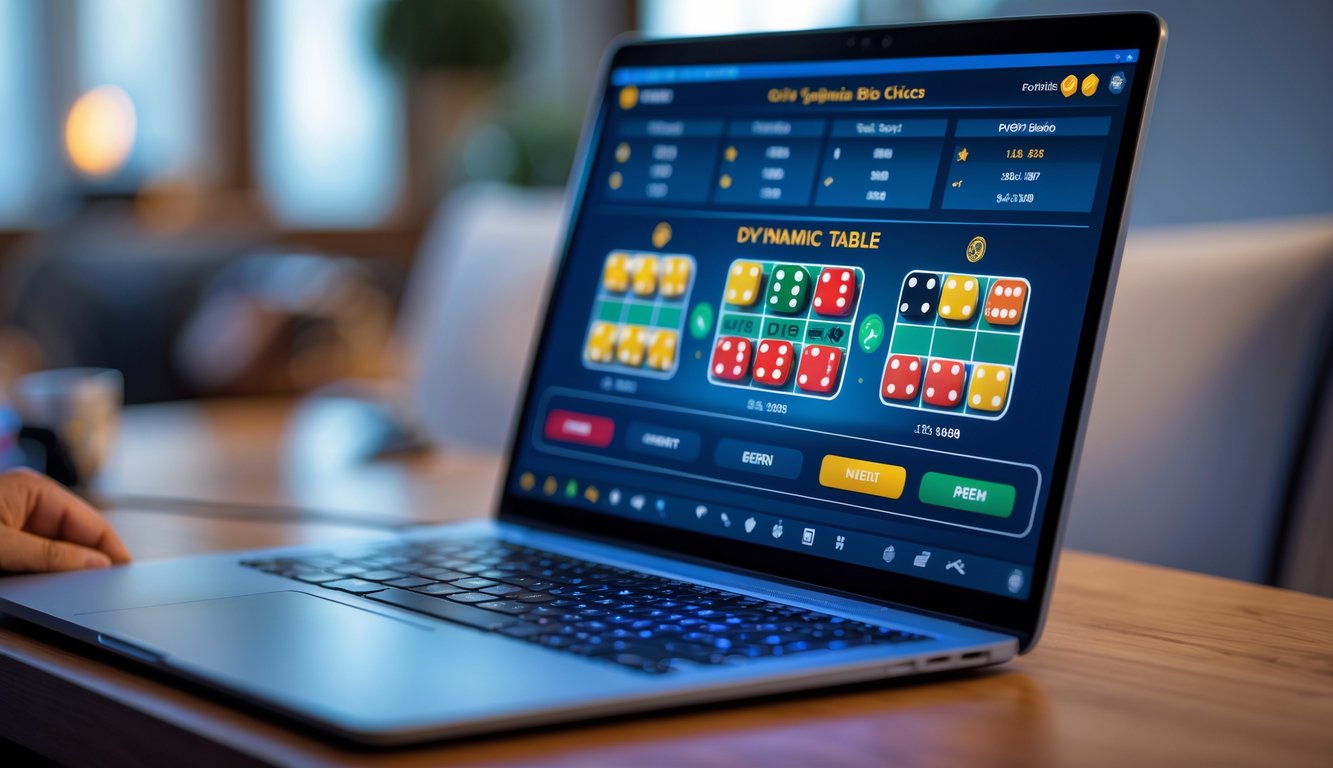 Sebuah laptop di meja kayu dengan tampilan permainan Sic Bo online dan suasana ruangan yang nyaman.