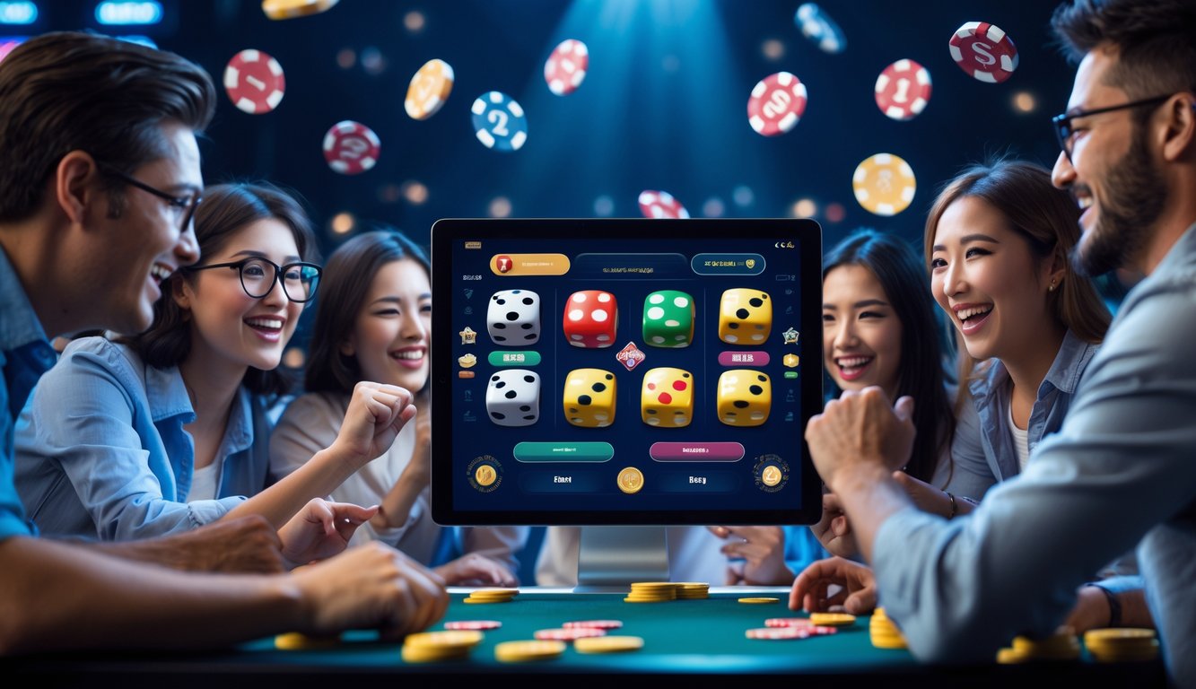 Orang-orang yang sedang bermain permainan judi Sic Bo online dengan antusias di depan layar perangkat digital.