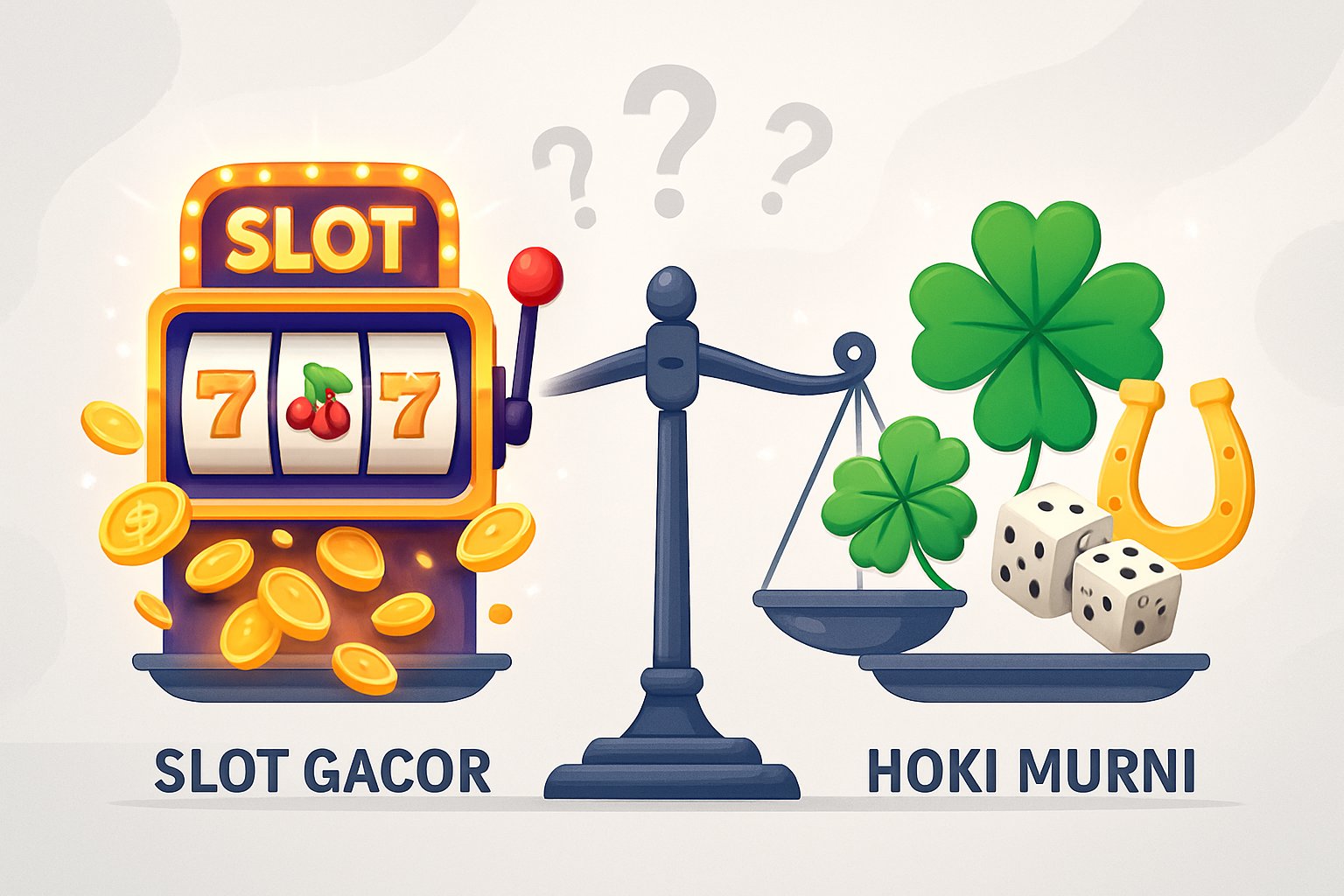 Ilustrasi mesin slot dengan koin dan simbol keberuntungan seperti daun semanggi dan dadu yang diseimbangkan pada sebuah timbangan.