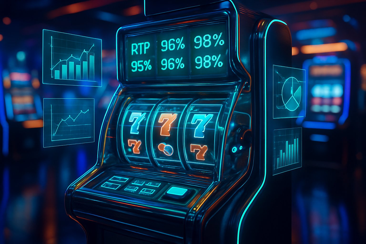Sebuah mesin slot modern dengan tampilan digital dan grafik mengambang yang menunjukkan data RTP di dalam kasino futuristik.