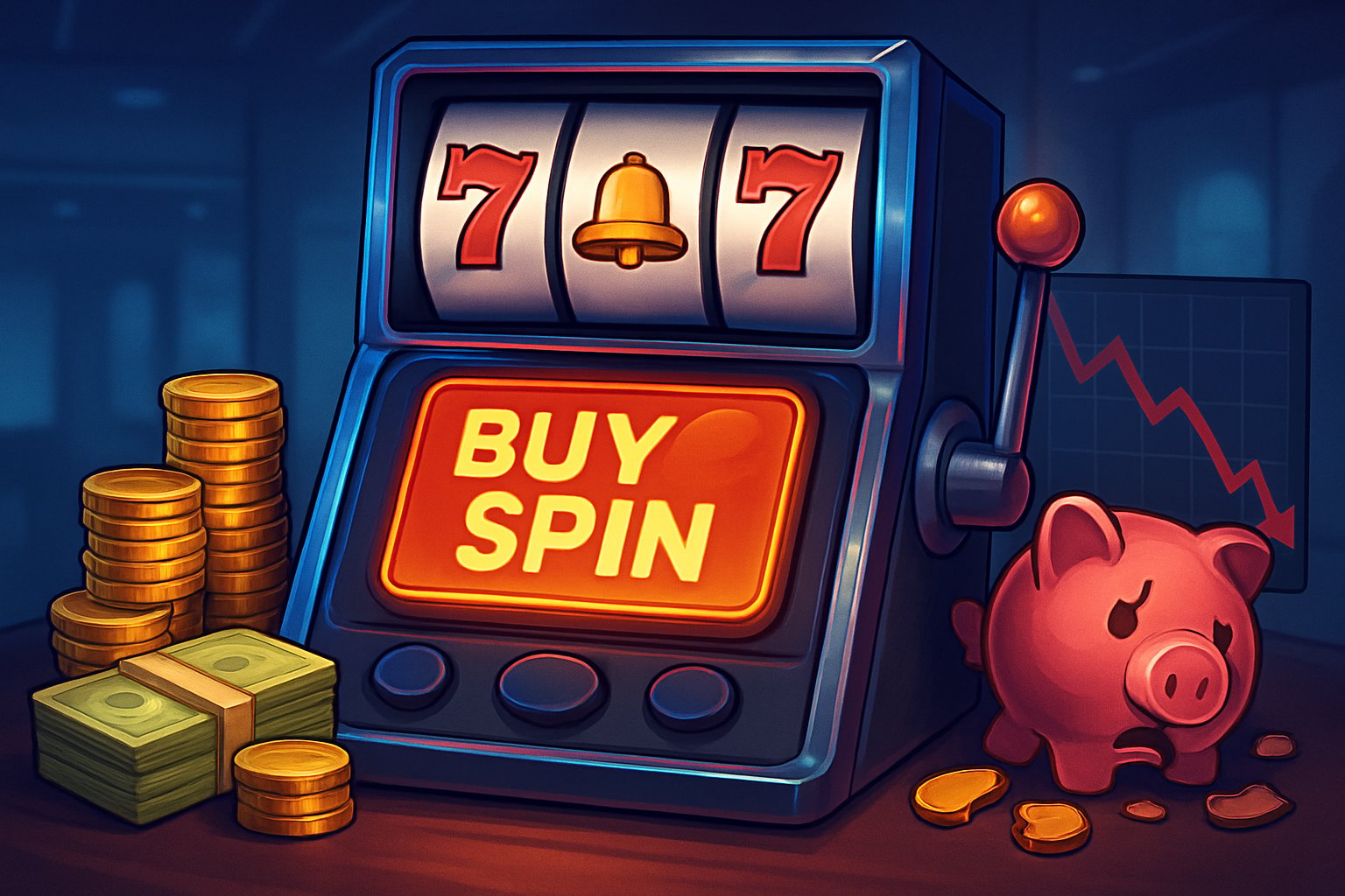 Ilustrasi mesin slot dengan tombol beli putaran, dikelilingi oleh tumpukan koin dan grafik penurunan yang menunjukkan untung dan rugi.