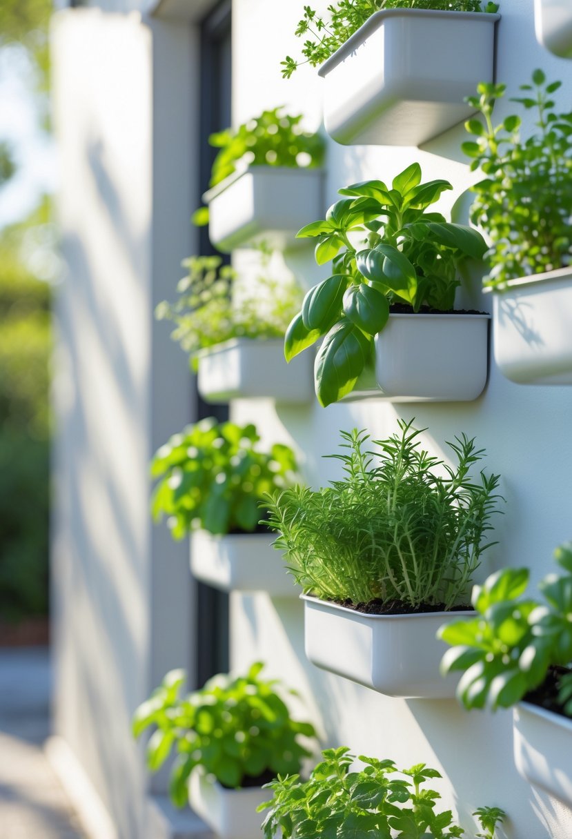 A vertical herb garden with several wall-mounted planters filled with fresh green herbs on a bright wall.