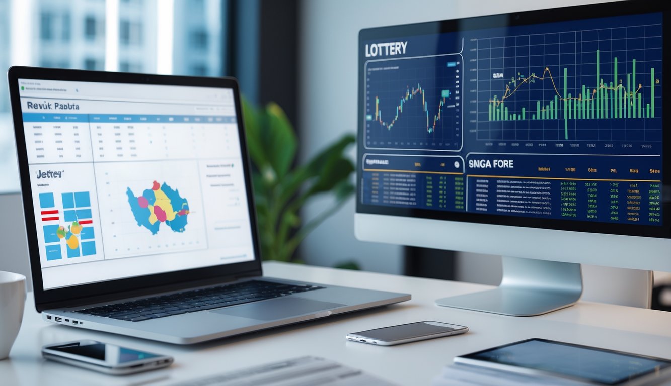 Sebuah kantor modern dengan layar komputer menampilkan grafik dan data hasil togel, dengan suasana kerja yang rapi dan profesional.
