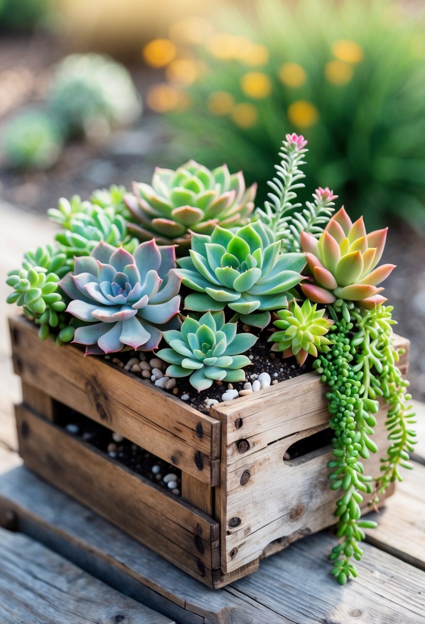 A wooden crate filled with a variety of healthy succulents arranged closely together.
