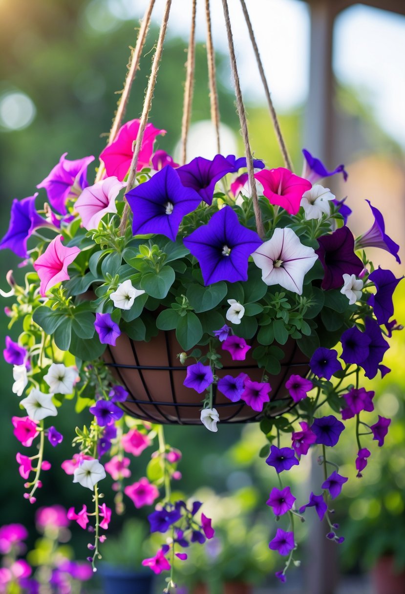 A hanging basket overflowing with colorful trailing petunias in an outdoor garden setting.