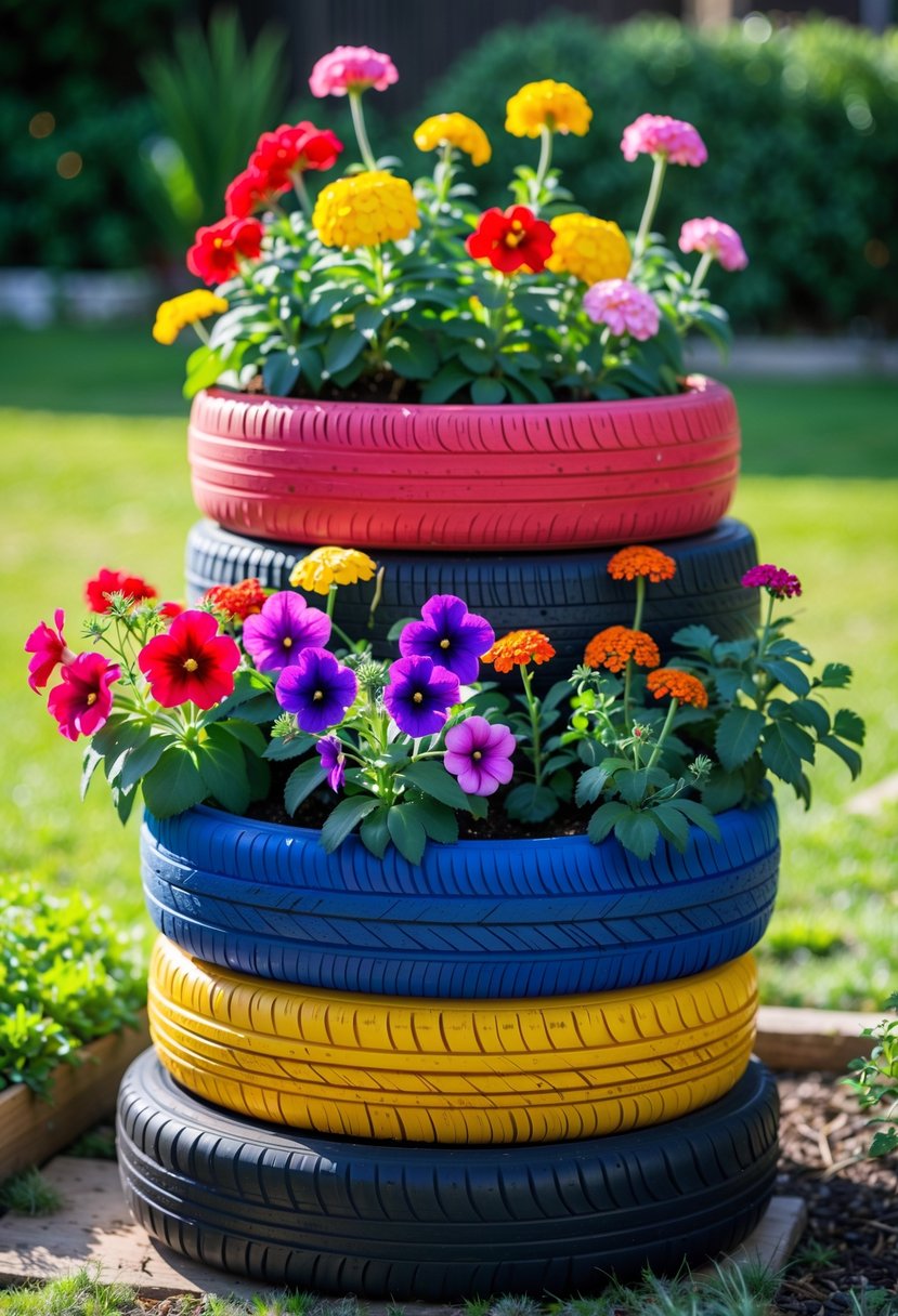 Stacked tire planters filled with colorful flowers arranged outdoors in a garden setting.
