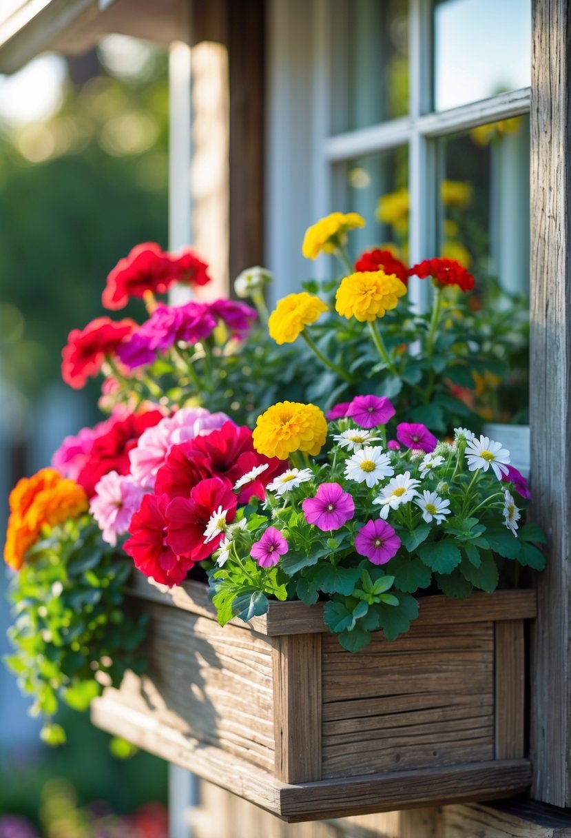 Window box filled with a variety of colorful seasonal flowers blooming outside a house window.