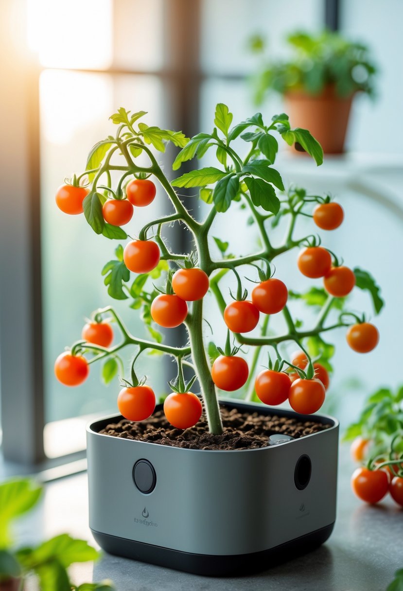 A self-watering container with healthy cherry tomato plants bearing ripe red tomatoes in a bright indoor or balcony setting.