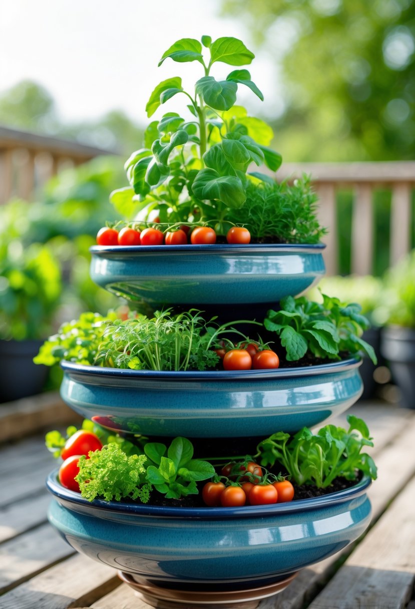 Tiered ceramic pots filled with small vegetable plants arranged outdoors on a wooden deck.