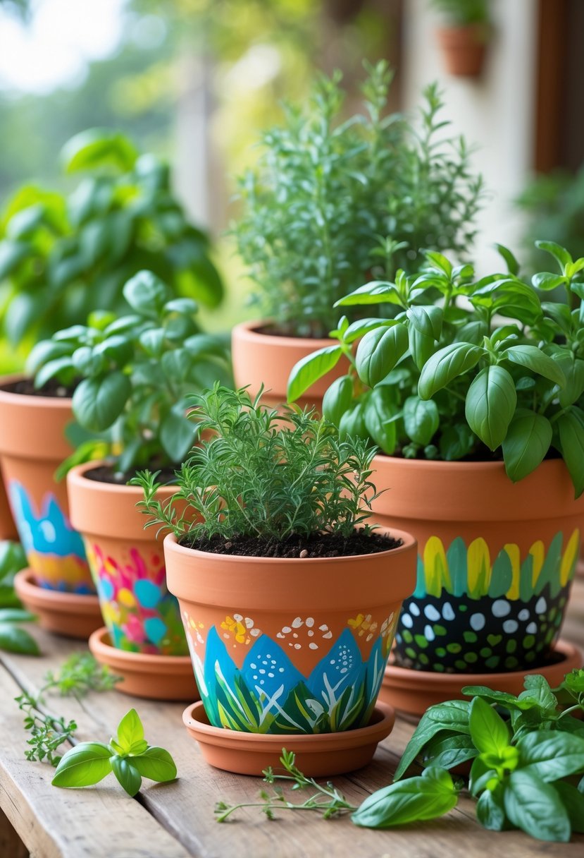A collection of colorful painted terracotta pots filled with various fresh herbs arranged on a wooden table.