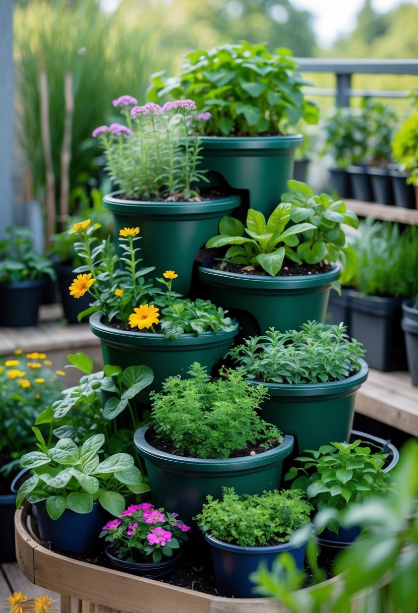 A spiral arrangement of fourteen container plants with flowers and herbs in an outdoor garden setting.