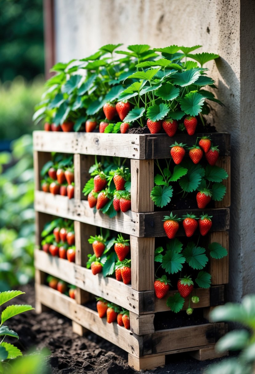 A recycled wooden pallet used as a vertical planter filled with green strawberry plants and ripe red strawberries outdoors.