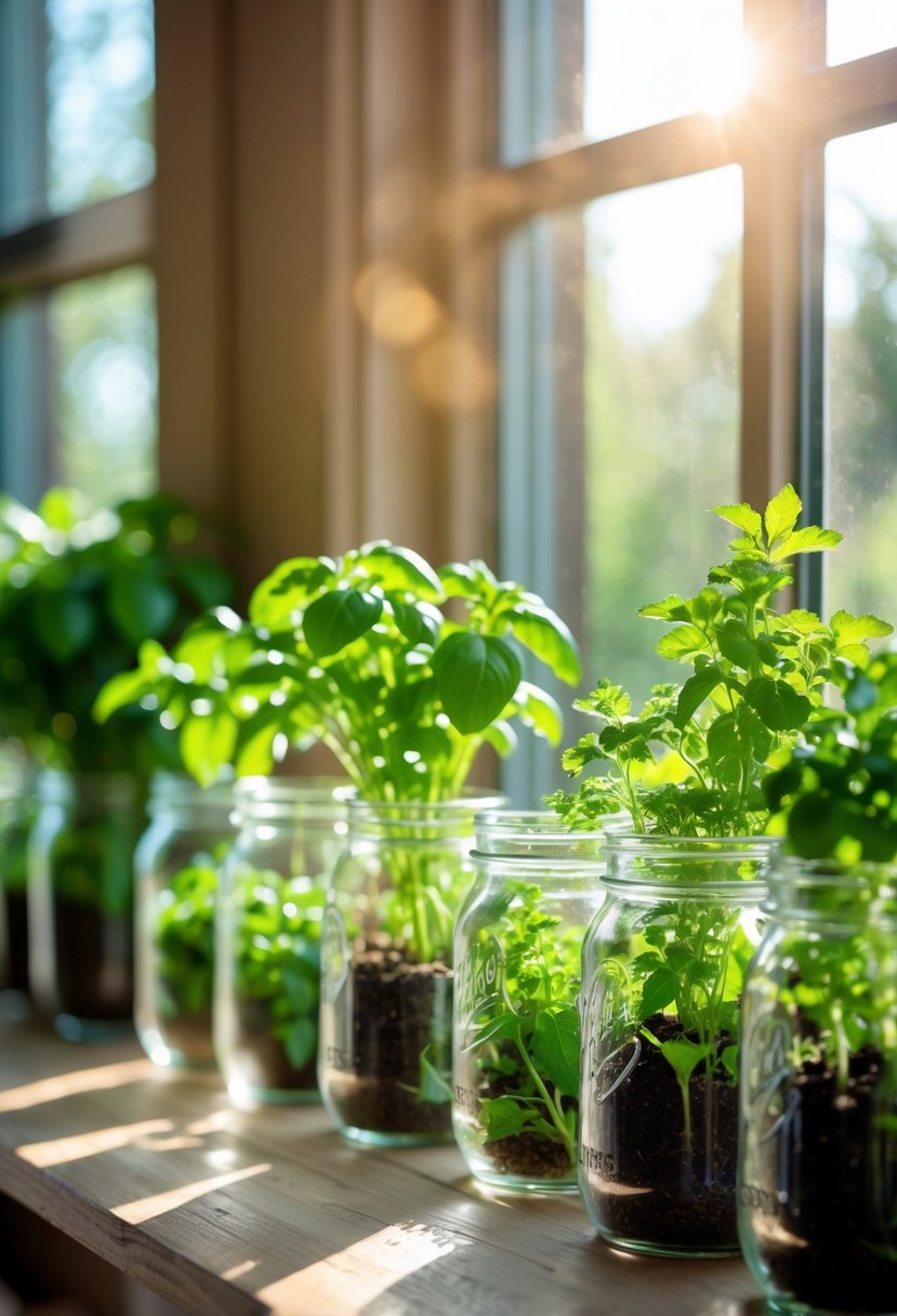 A sunny windowsill shelf with mason jars containing green herb plants.