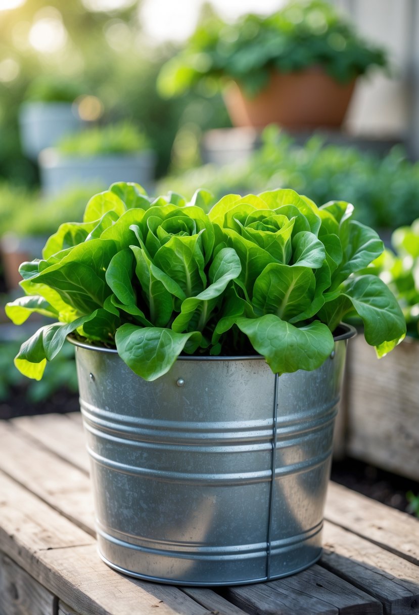 A galvanized metal tub filled with fresh green lettuce plants placed outdoors on a wooden surface with garden greenery in the background.