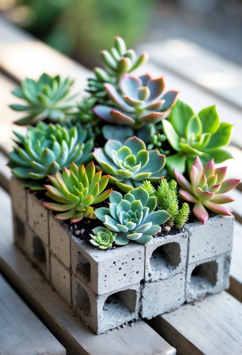 A decorative concrete block planter filled with various colorful succulents placed outdoors on a wooden surface.
