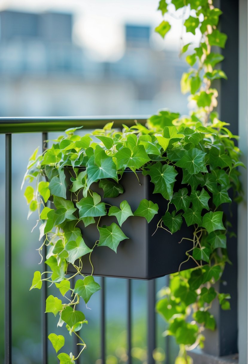 A balcony railing planter with green ivy cascading down the sides, attached to a metal railing.