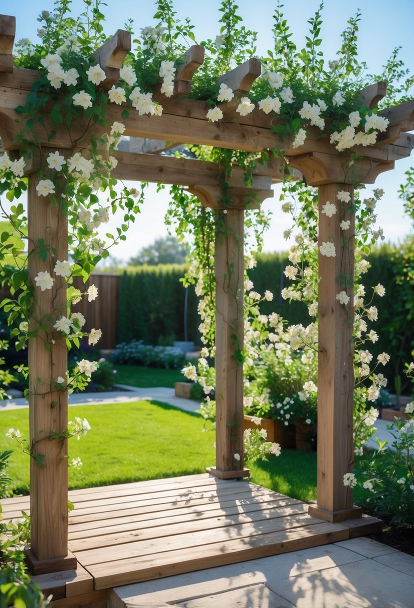 Rustic wooden pergola covered with green jasmine vines and white flowers in a garden setting.