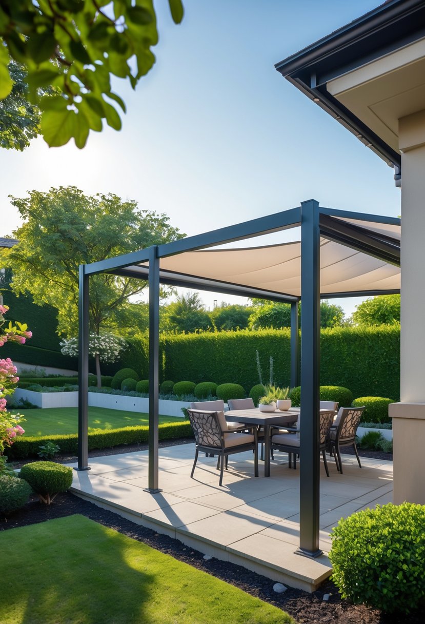 A modern metal pergola with a retractable canopy over an outdoor seating area surrounded by plants and a landscaped garden.