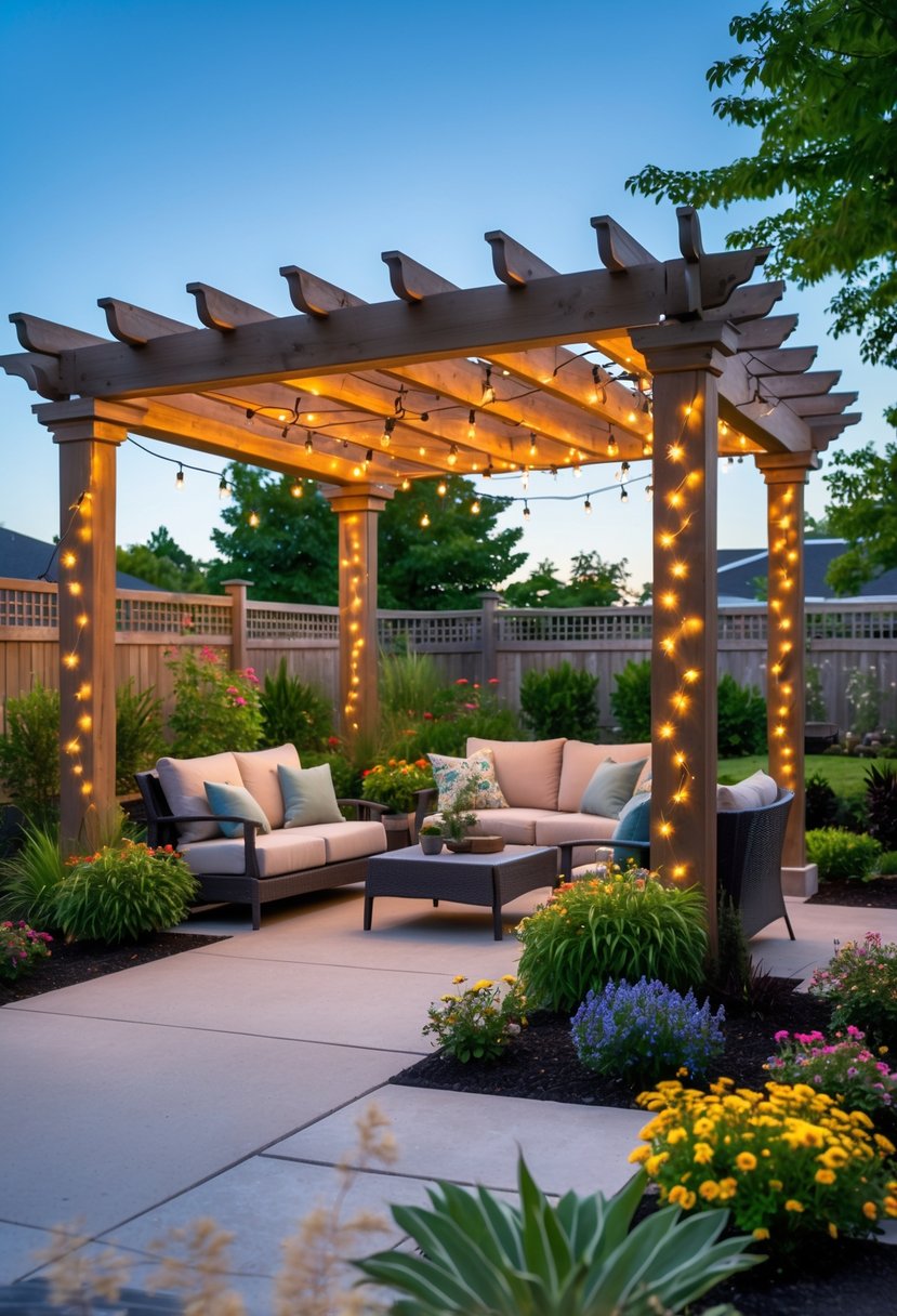 Outdoor pergola with string lights surrounded by green plants and outdoor seating beneath it.