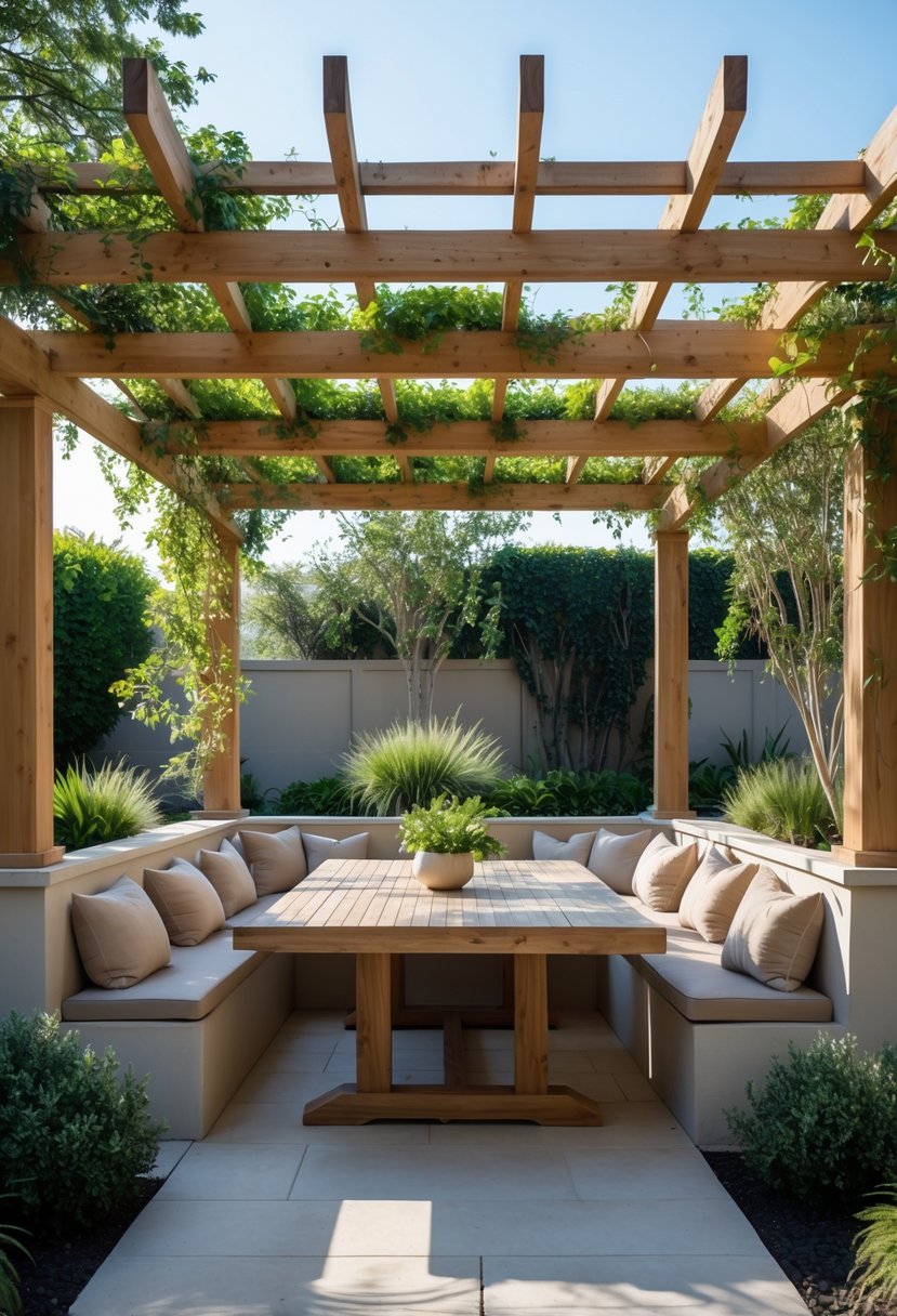 Outdoor dining area with a wooden pergola, built-in bench seating, and surrounding greenery.