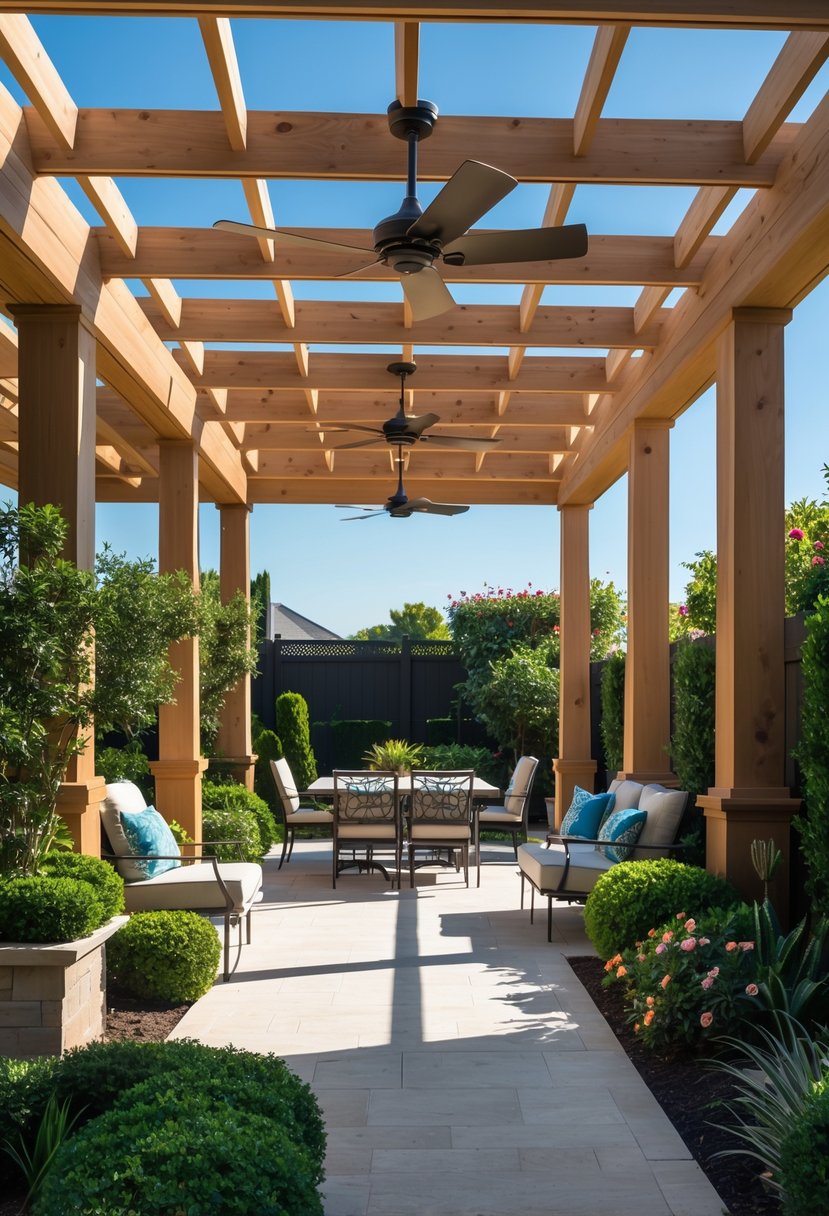 Outdoor wooden pergola with built-in ceiling fans surrounded by green plants and outdoor furniture.