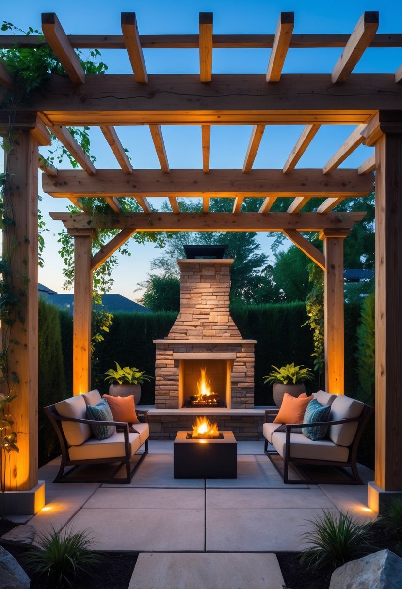 Outdoor fireplace setup under a wooden pergola with comfortable seating and surrounding plants.