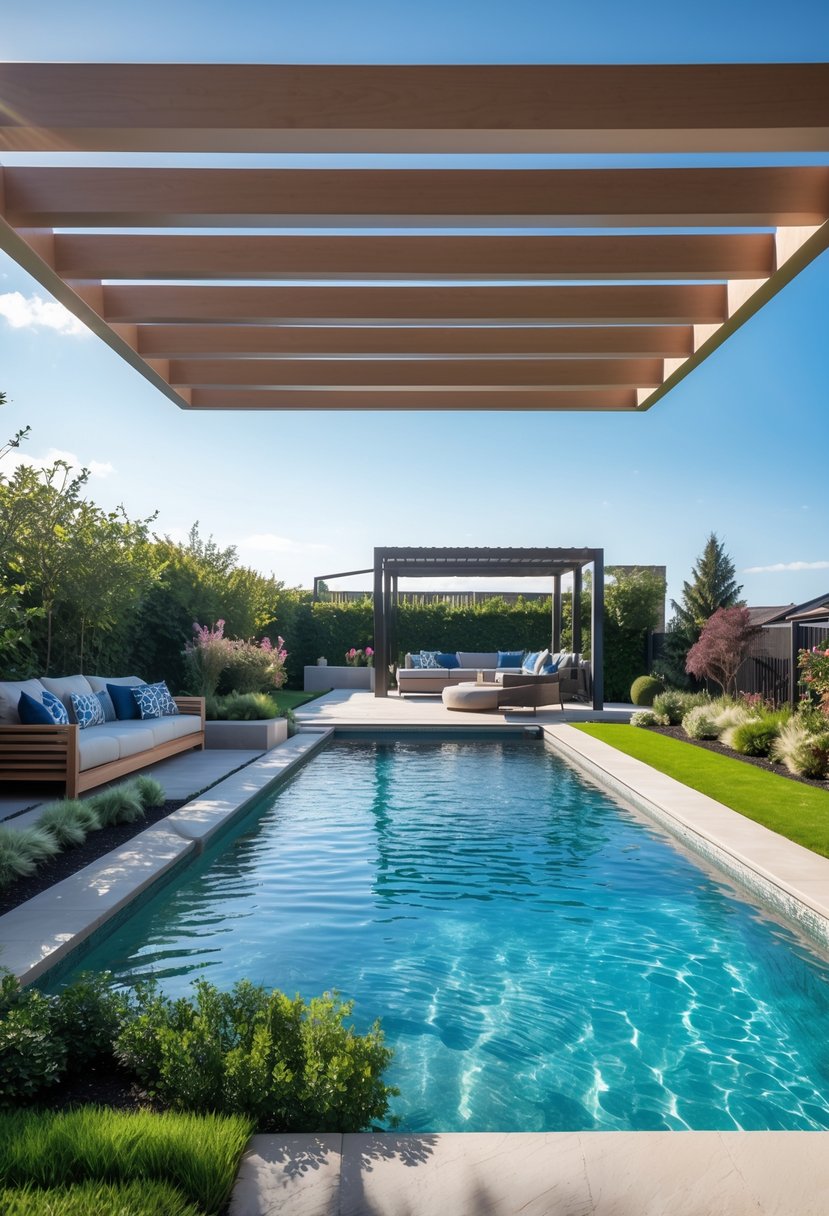 Backyard swimming pool with a modern floating pergola overhead surrounded by lush plants and outdoor seating.