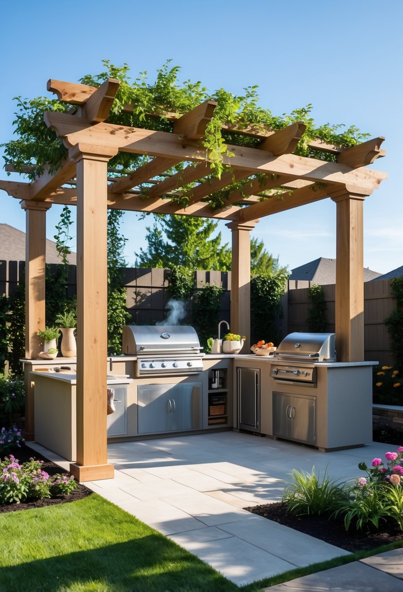 Backyard pergola with an outdoor kitchen and barbecue station surrounded by greenery and seating.