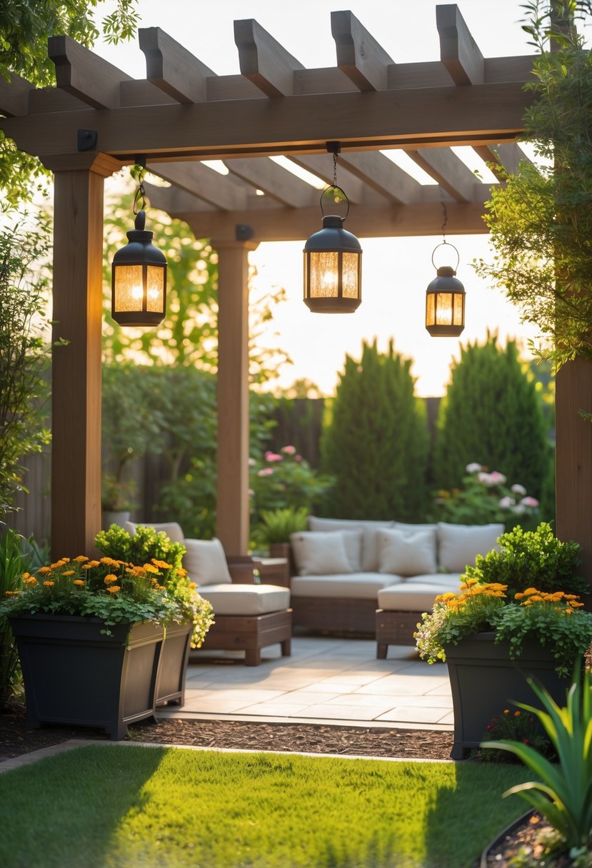 An outdoor pergola decorated with hanging lanterns and planters filled with flowers in a garden setting.