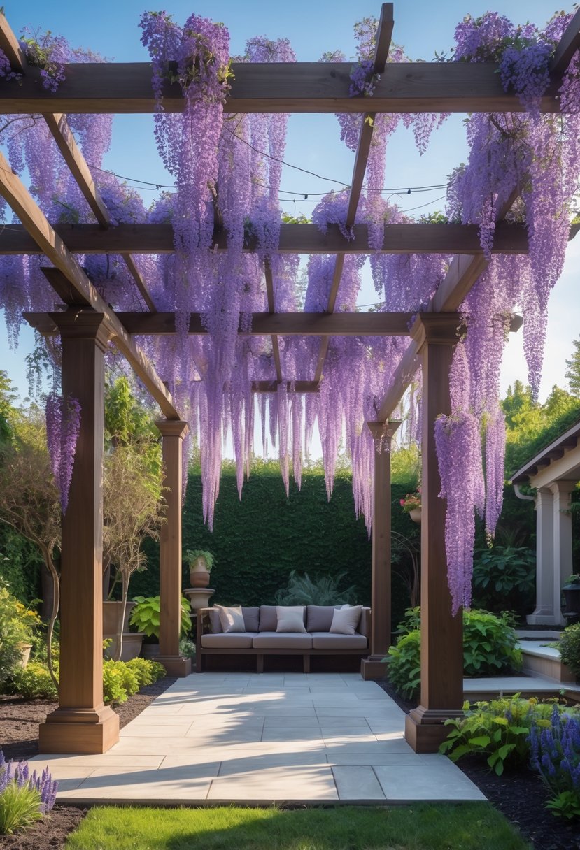 An outdoor pergola covered with blooming wisteria vines providing shade over a seating area surrounded by green plants and flowers.