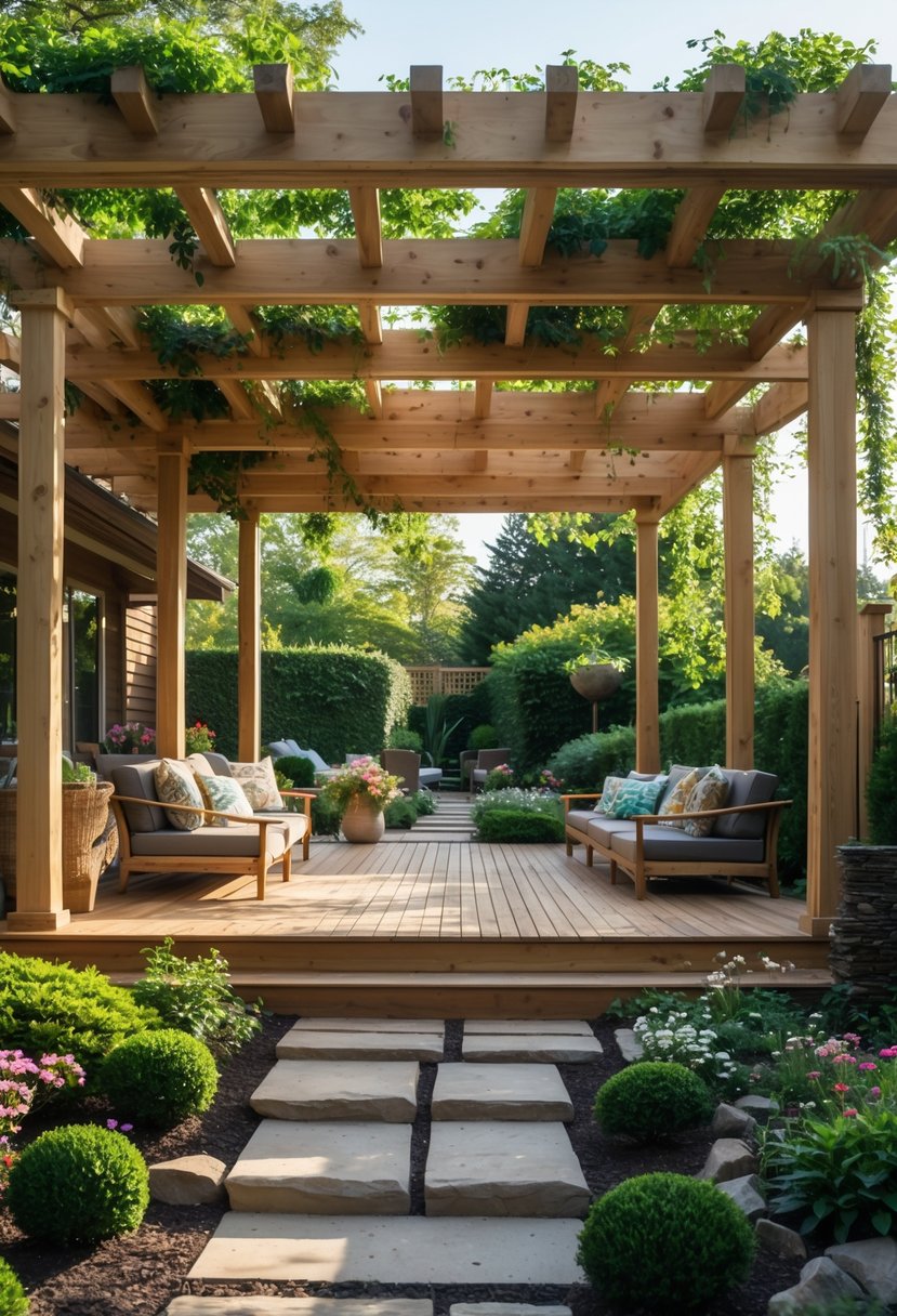 Multi-level wooden pergola connected to a deck and a garden path surrounded by plants and flowers.