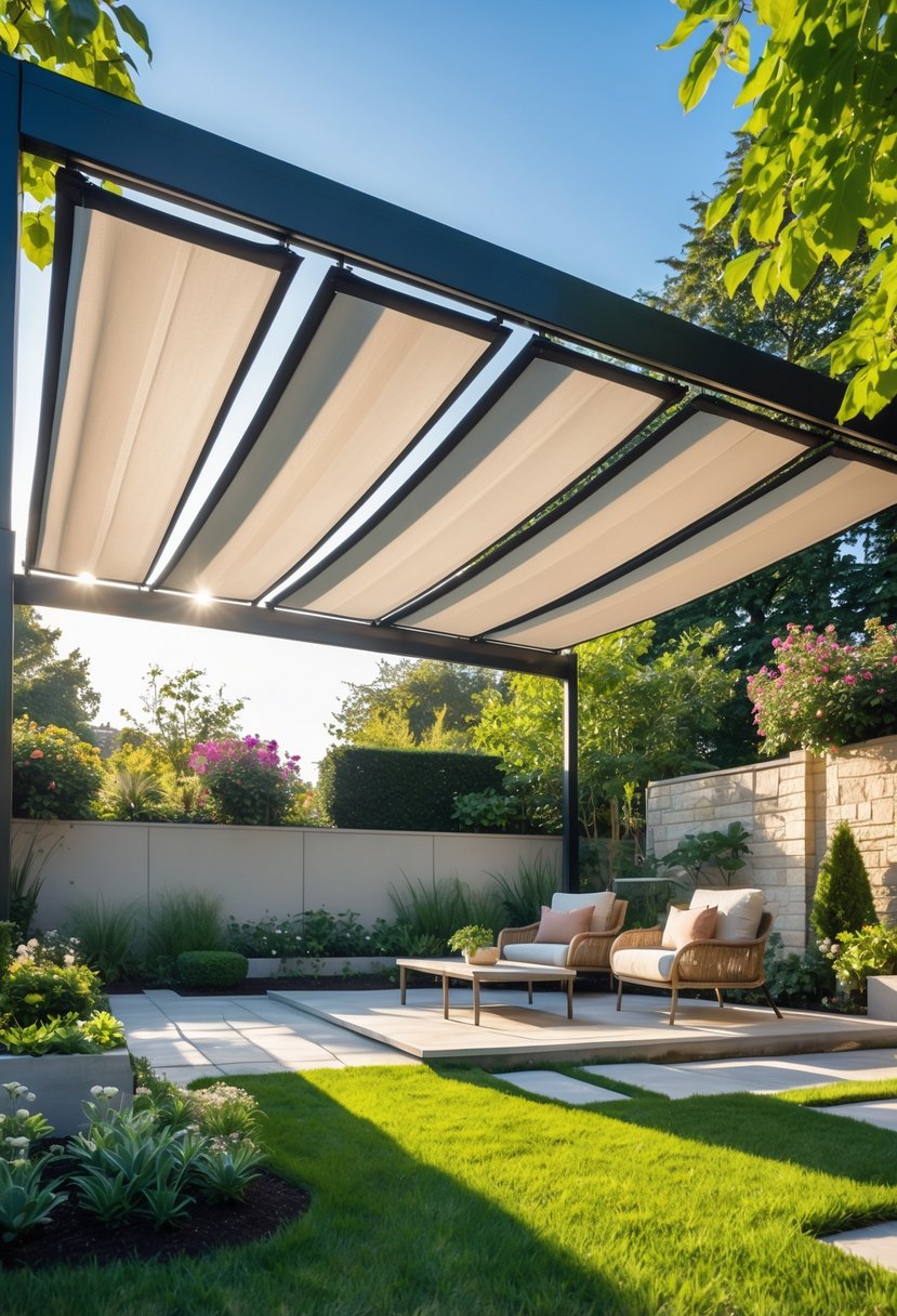 Outdoor pergola with retractable fabric panels providing shade over a seating area in a landscaped garden.